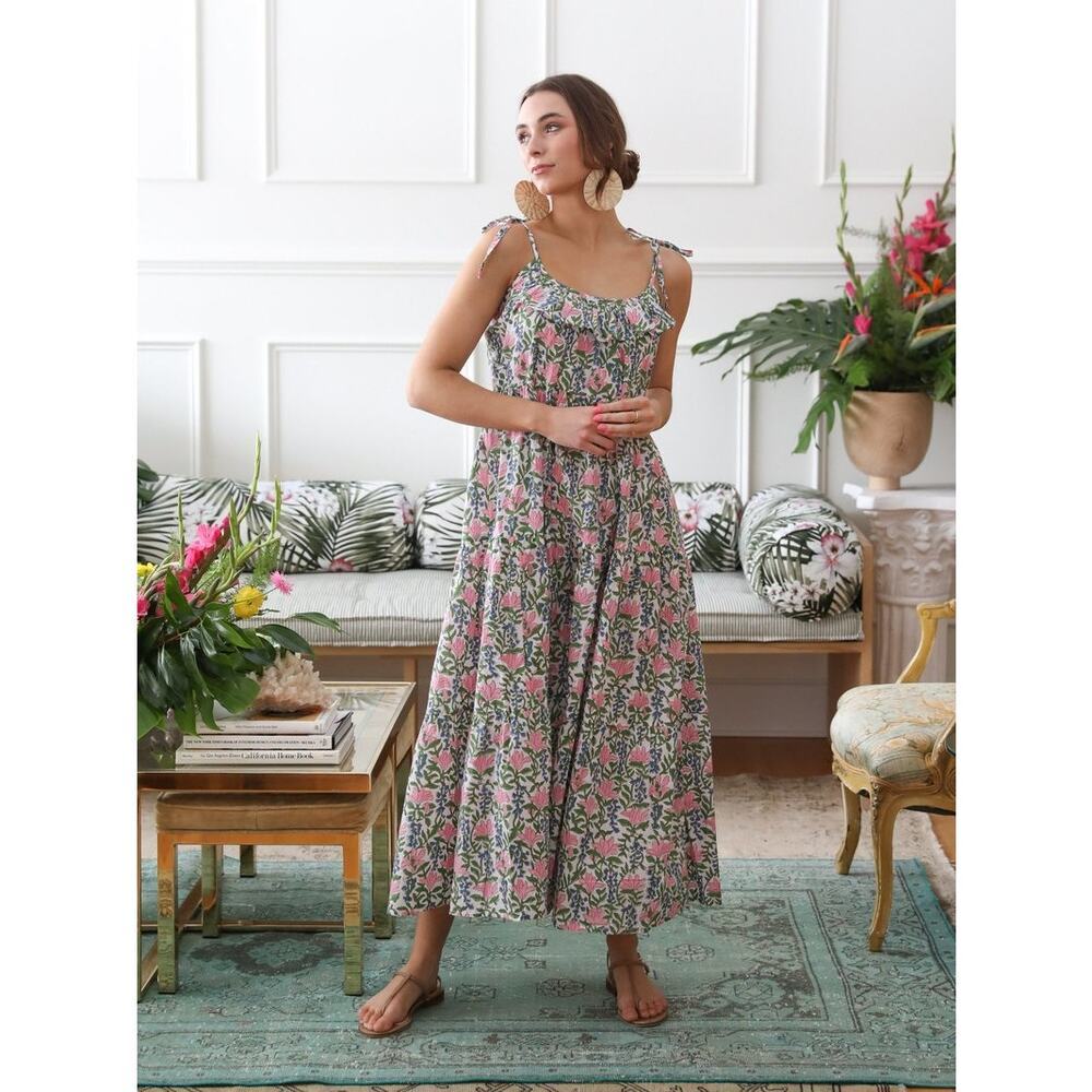 Millie Maui Floral Maxi Sundress English Garden Block Print Women's Size Large